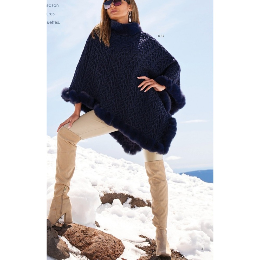 Boston Proper Poncho Sweater M L Faux Fur Navy Blue Quiet Luxury Ski Lodge NWT